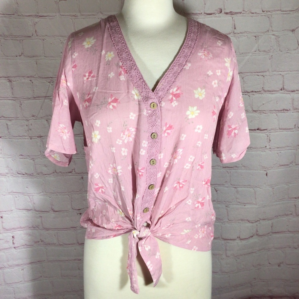 Hippie Rose Pink Floral Tie Front Short Sleeve Button Down Top - Size XS